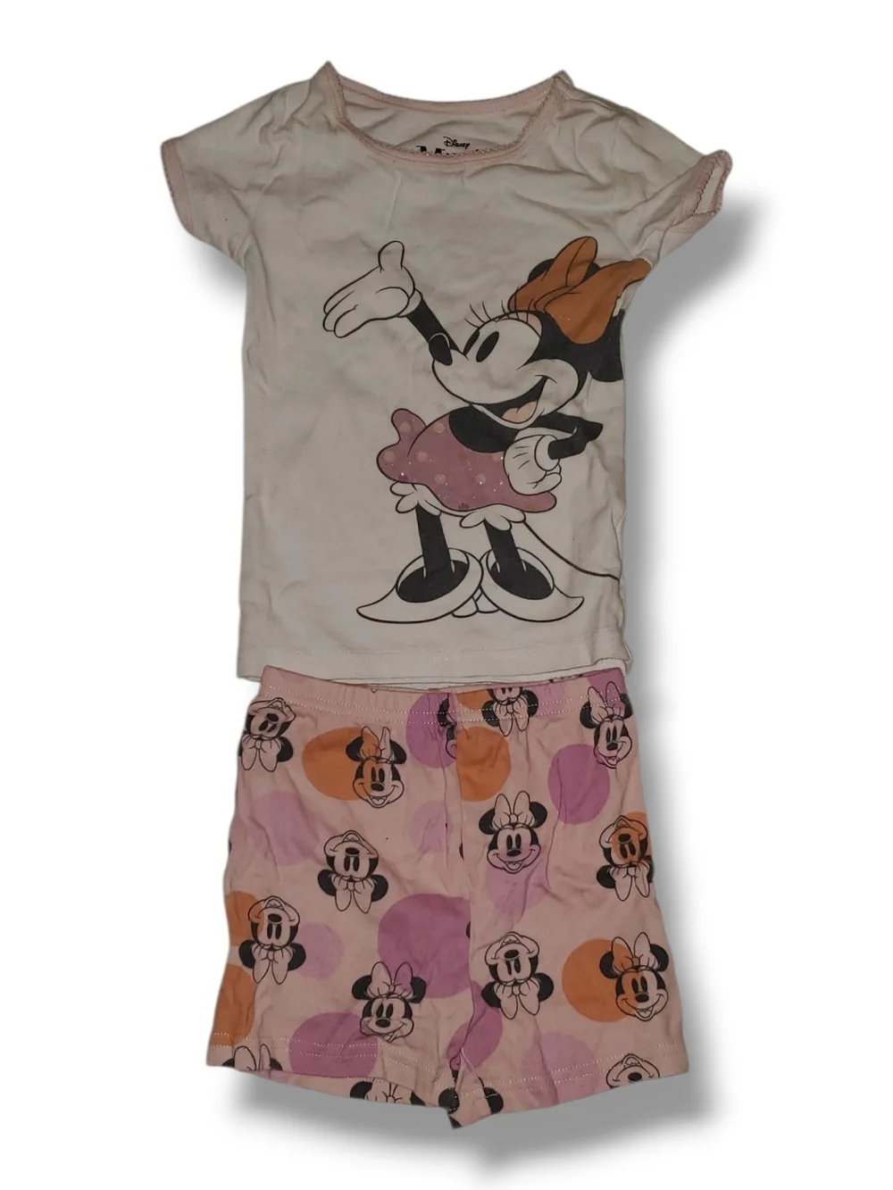 Disney Minnie Mouse White Top with Pink & Orange Dot Shorts Pajama Set